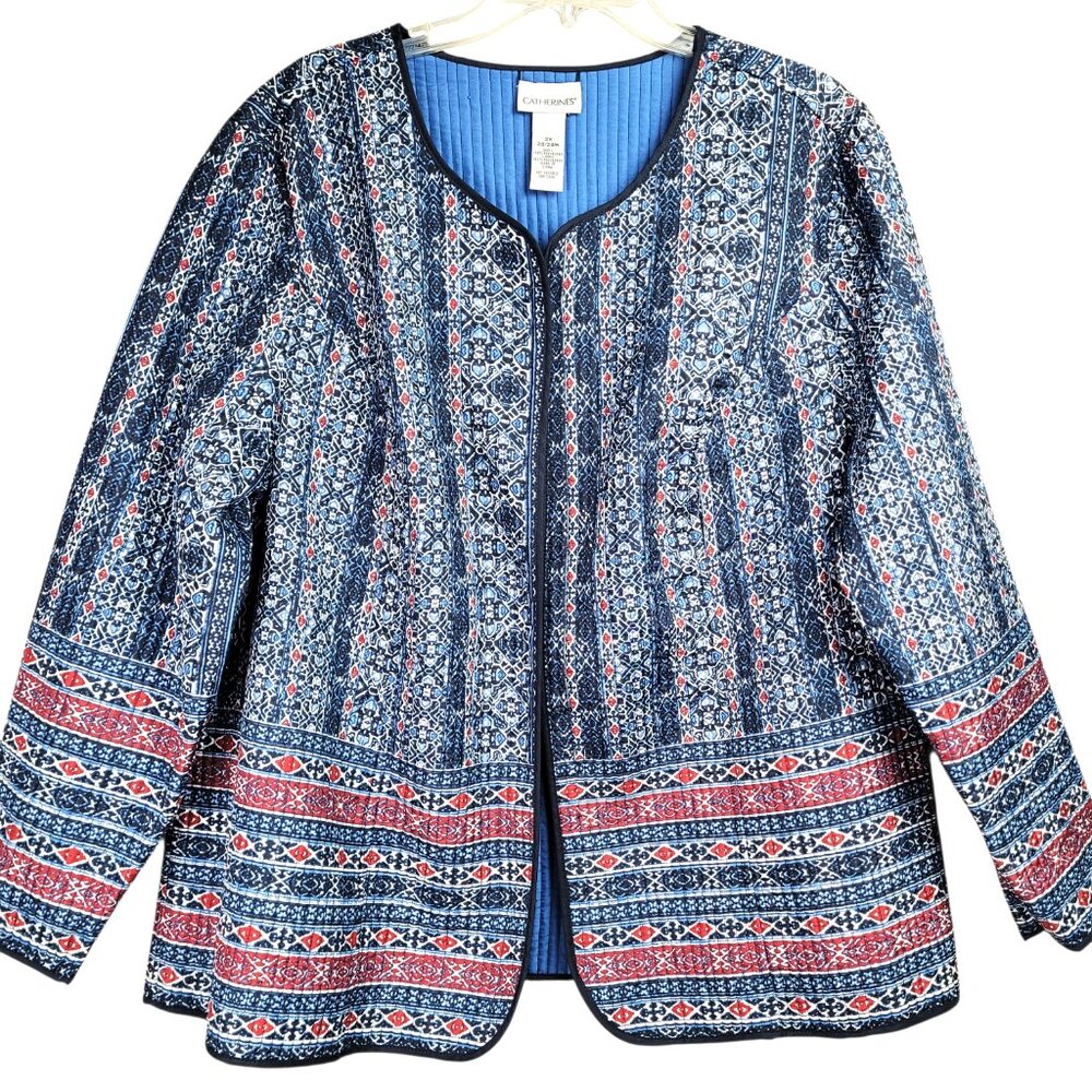 Catherines Jacket Blazer Women 2X Blue Lightweight Quilted Reversible Open Front